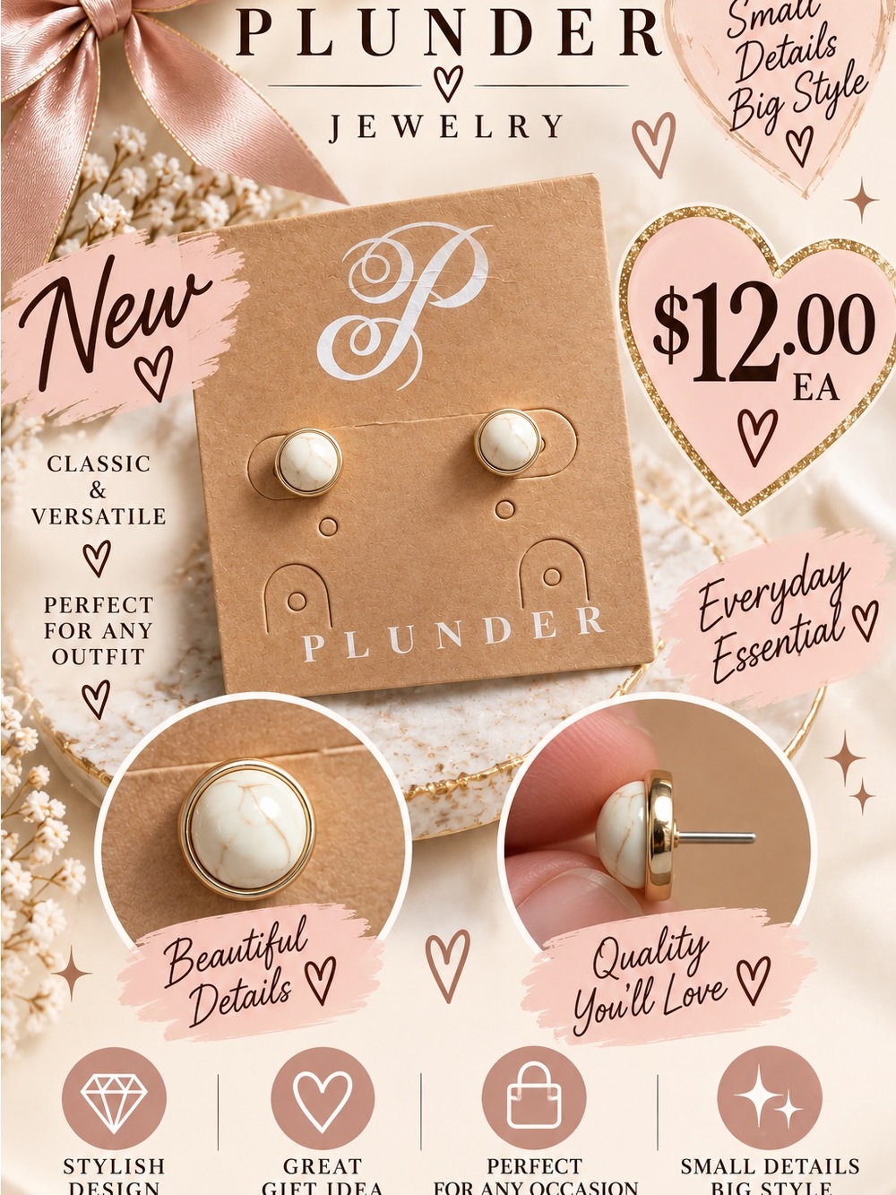 Plunder Gold-Trim White Marble Stud Earrings